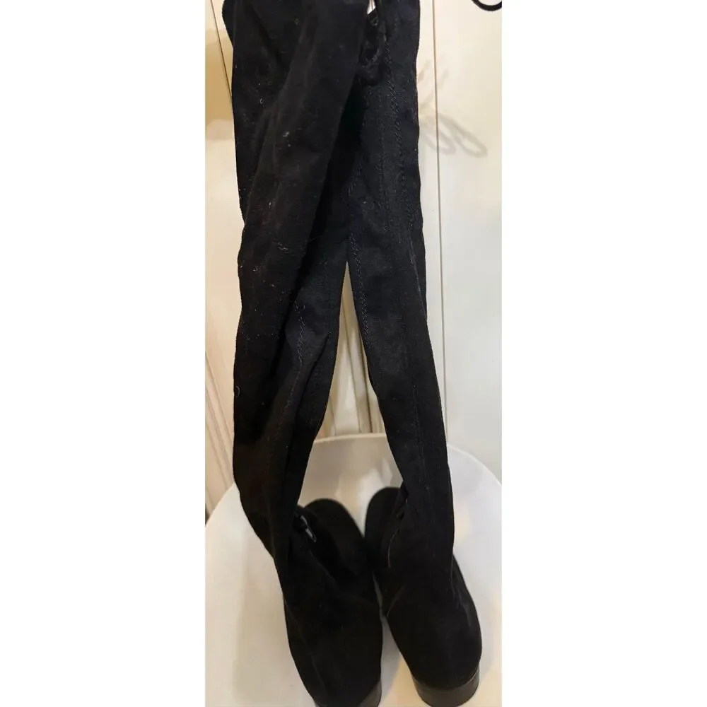 Unisa Women's Faux Suede Tie Back Flat Heel Over the Knee Boots Black Size 7.5